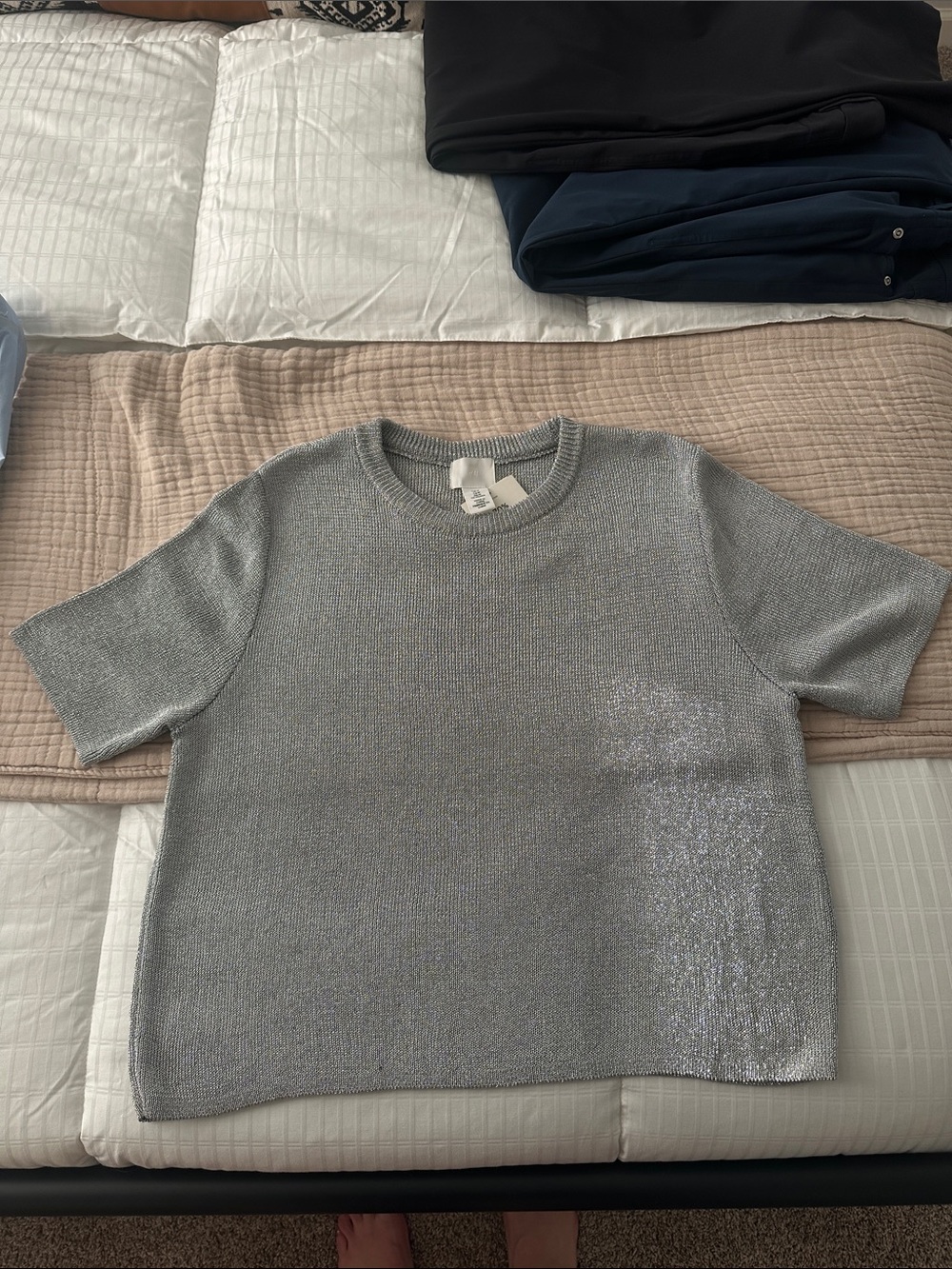 H&M Silver Metallic Short-Sleeve Knit Top - woman